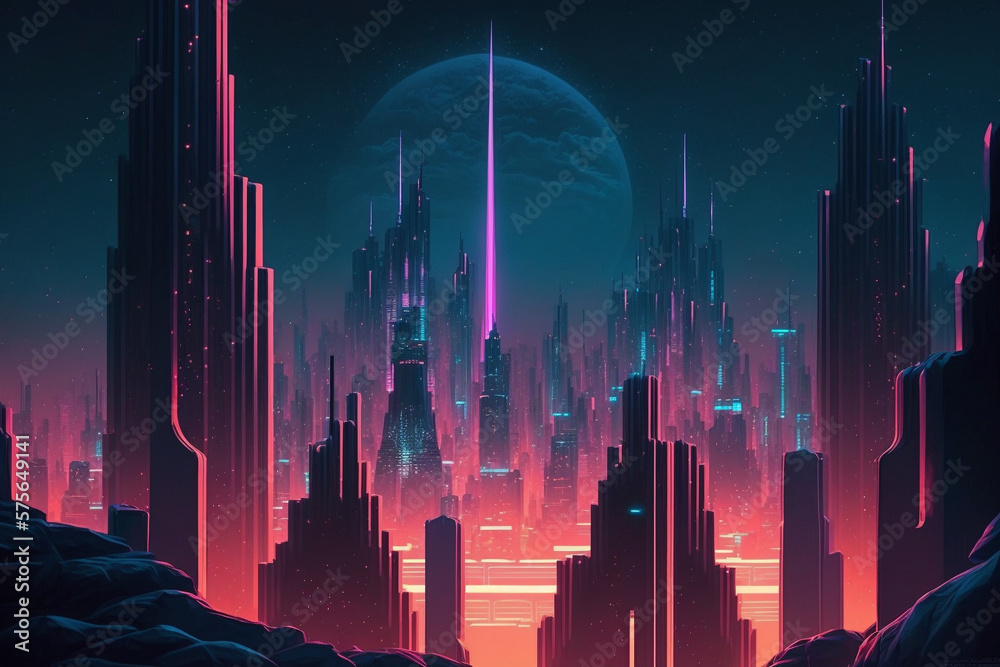 Neon Nightscape: Futuristic City Glowing in the Distance. Ai generated.