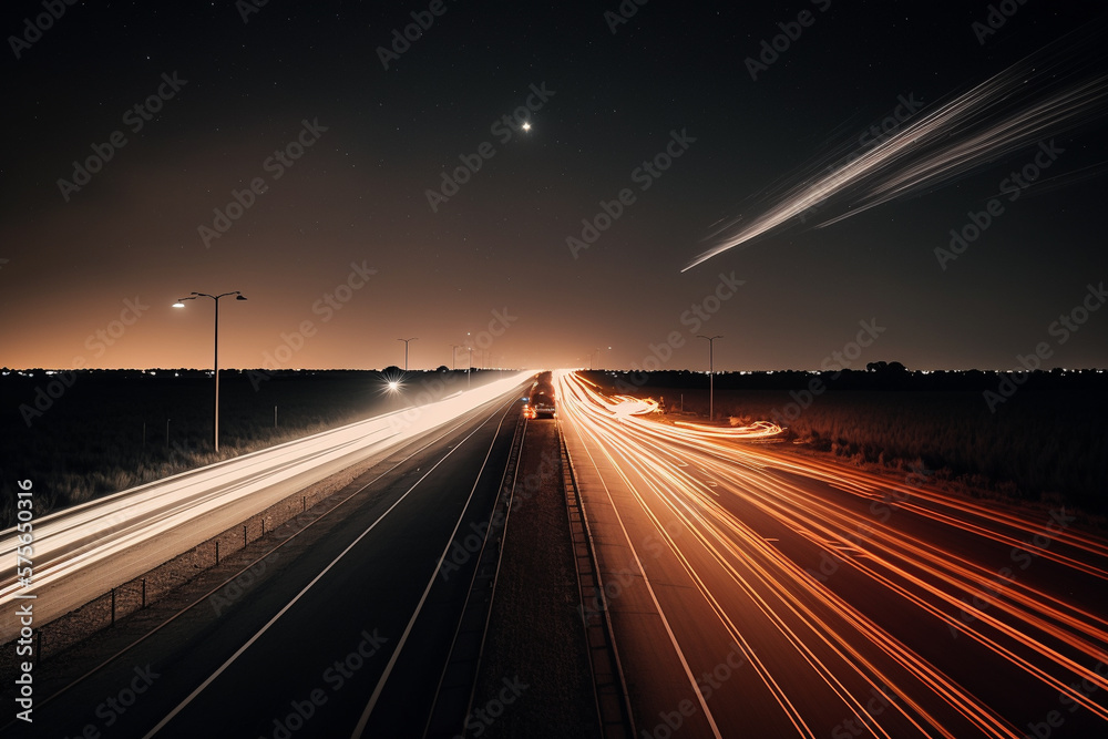 Night Rush: Long Exposure Highway Stock Photo. AI generated.
