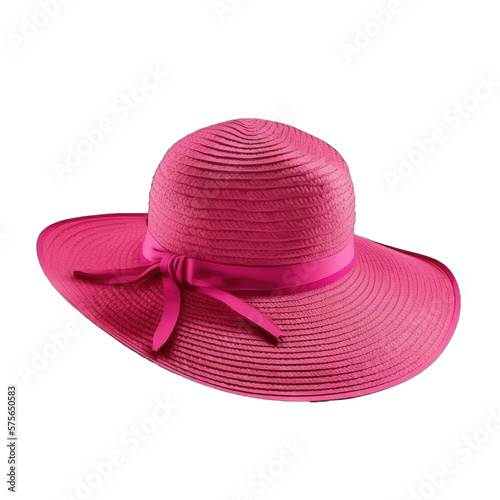 Fuschia traw hat isolated on transparent background. Woman hat isolated on white. .Women's beach hat. Colorful hat. Concept of fashion clothing accessories and beach holidays.