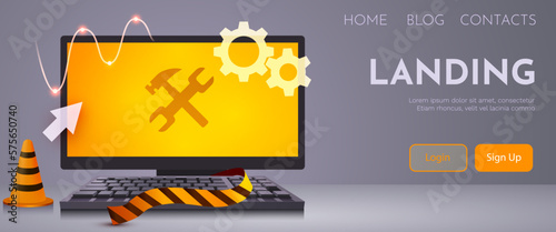Computer with wrench and hammer on the screen. Computer repair service, maintenance, technical support. Website is under construction.