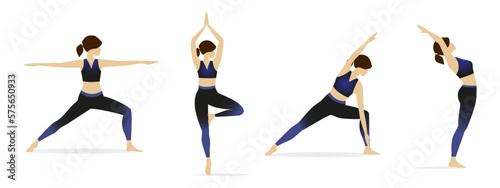 Big set of vector silhouettes of woman doing yoga exercises. Colored icons of a girl in many different yoga poses isolated on white background. Yoga complex. Fitness workout.