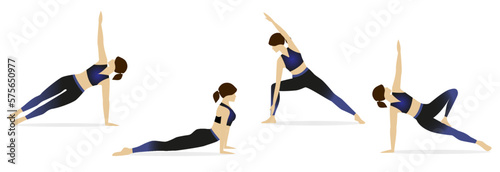 Big set of vector silhouettes of woman doing yoga exercises. Colored icons of a girl in many different yoga poses isolated on white background. Yoga complex. Fitness workout.