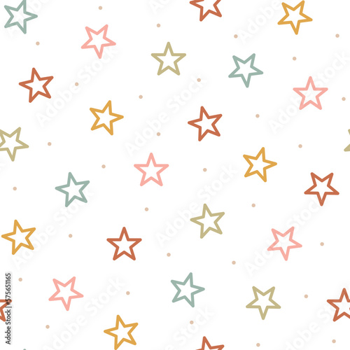 Abstract seamless vector pattern with hand drawn colorful stars. Cute modern background for kids room decor, nursery art, apparel, gift, fabric, textile, wrapping paper, wallpaper, packaging.