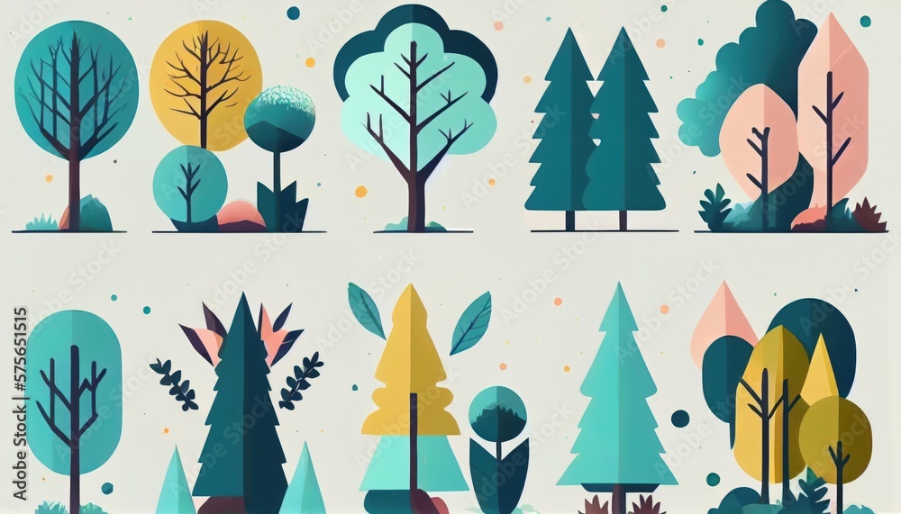 Set of trees and shrubs. collection of natural design elements trees with leaves. generative ai Set of trees and shrubs. collection of natural design elements trees with leaves. generative ai