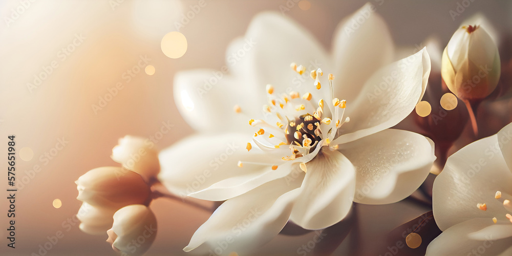 Floral feminine banner with jasmine flowers and bokeh glow. Created with Generative AI.