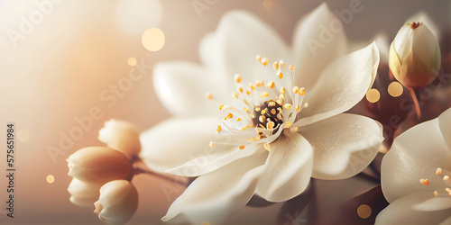 Obraz na płótnie Floral feminine banner with jasmine flowers and bokeh glow. Created with Generative AI. w salonie