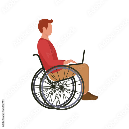 A man in a wheelchair with a laptop computer. Flat style. 