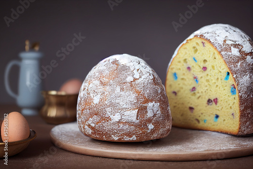 easter cake and eggs, russian kulich bread