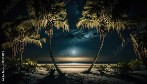 Tropical night summer beach, stunning seascape scene with starry sky, ocean and palm trees. Sea shore outdoor background. Vacation travel destinations. AI generative image.