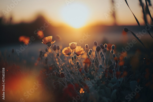 sunset over poppy flower field