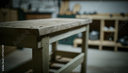 Carpentry workshop studio with wooden table. Horizontal indoor background with copy space. AI generative image. © vlntn