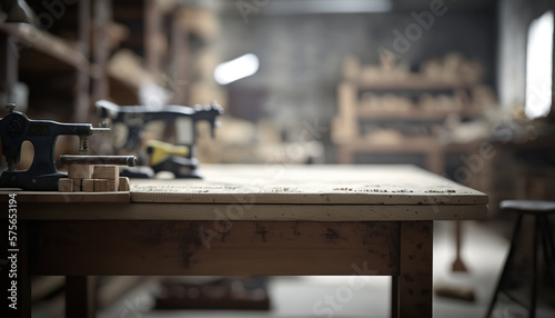 Carpentry workshop studio with wooden table. Horizontal indoor background with copy space. AI generative image.