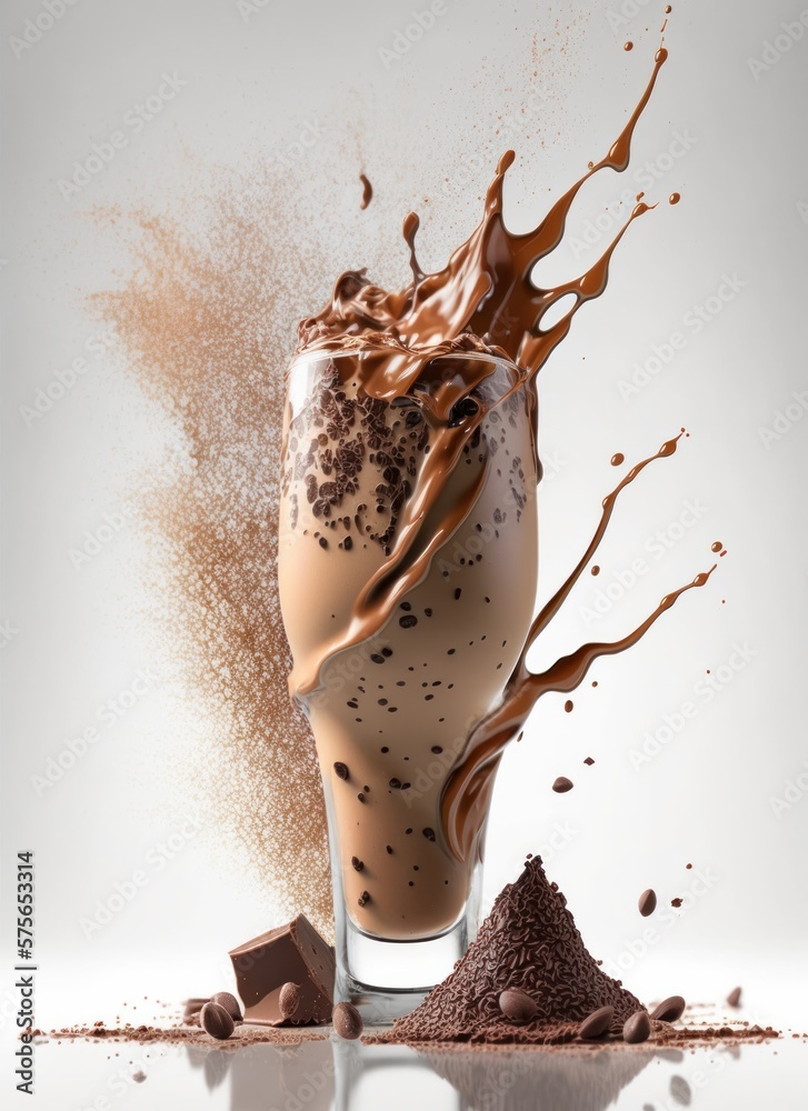 Iced coffee and milk splash with ice cubes and cacao beans and