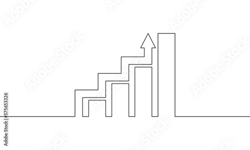 Continuous line drawing of increasing graph. Arrow up icon. Business growth. Bar chart outline. Object one line, single line art, vector illustration