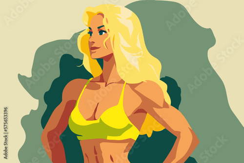 Beautiful, Strong blonde in a yellow bra, 2d Flat, vector, EPS 10.