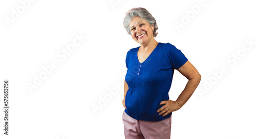 Women's Day - Smiling Mature Woman Pointing Isolated on Orange Background