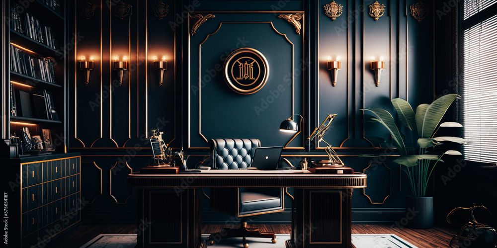 Art Deco office interior with elegant details such as wall panels,  lacquered wood furniture, and stylish decorative elements to create a  sophisticated and luxurious look Stock Illustration