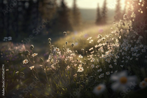 Meadow with many blooming flowers, Forest environtment photo