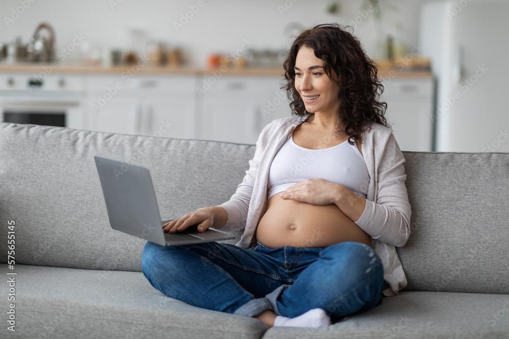 Naklejka premium Smiling young pregnant woman relaxing with laptop on couch at home