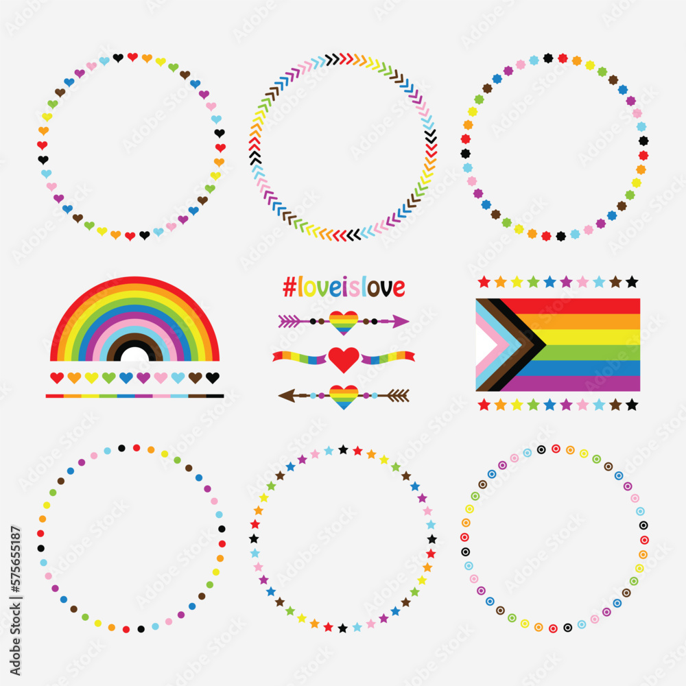 Creative colorful LGBTQ+ circle pattern emblems design element set with heart arrows, rainbow, hearts, stars and new flag icons on white background