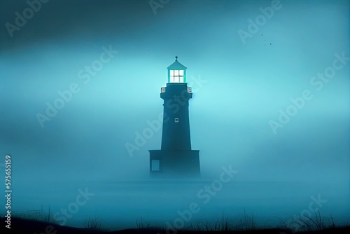 Lighthouse illuminating the area in the dark by generative AI
