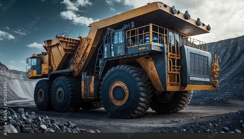 A large quarry dump truck in a coal mine. Loading coal into body work truck. Mining equipment for the transportation of minerals. by ai generative