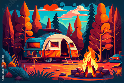 Camping site with tent, bonfire and camper van. Summer camp vacation vector illustration.