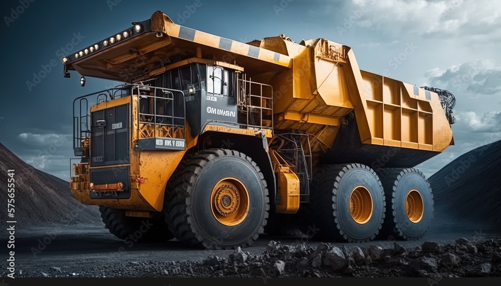 A large quarry dump truck in a coal mine. Loading coal into body work truck. Mining equipment for the transportation of minerals. by ai generative