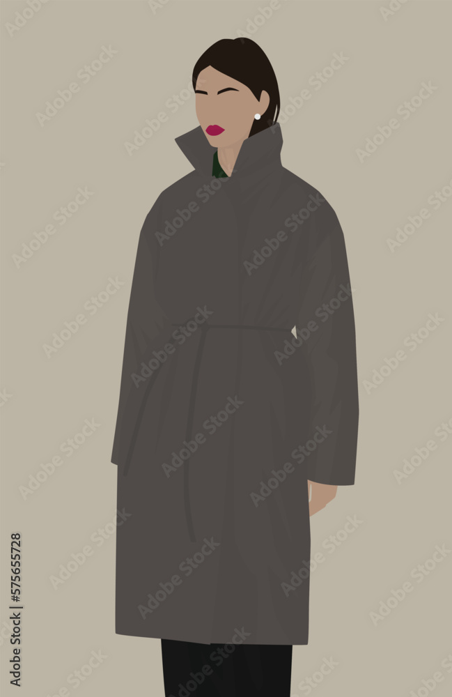 Vector flat image of a young girl with dark hair. Girl in a long coat and pants. Design for avatars, posters, backgrounds, templates, banners, textiles, postcards. Vector flat image of a young girl with dark hair. Girl in a long coat and pants. Design for avatars, posters, backgrounds, templates, banners, textiles, postcards.