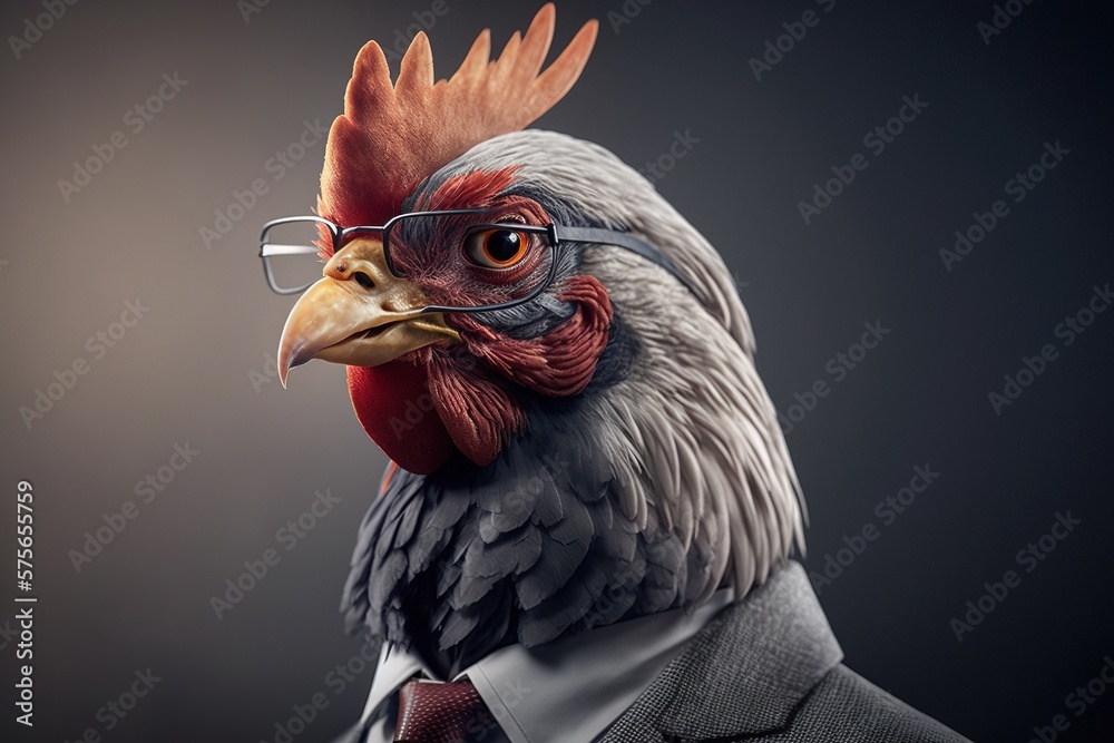 Chicken in business suit. Photorealistic studio shot with grey background. Funny Wallpaper. Generative AI.