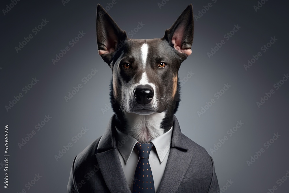 Dog in business suit. Photorealistic studio shot with grey background. Funny Wallpaper. Generative AI.