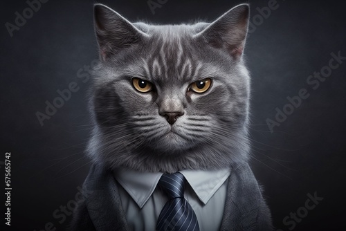 Cat in business suit. Photorealistic studio shot with grey background. Funny Wallpaper. Generative AI. © Martin