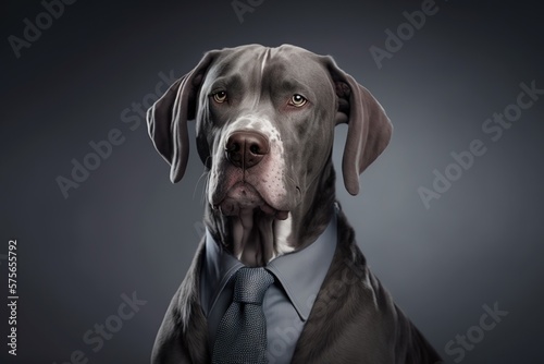 Dog in business suit. Photorealistic studio shot with grey background. Funny Wallpaper. Generative AI.