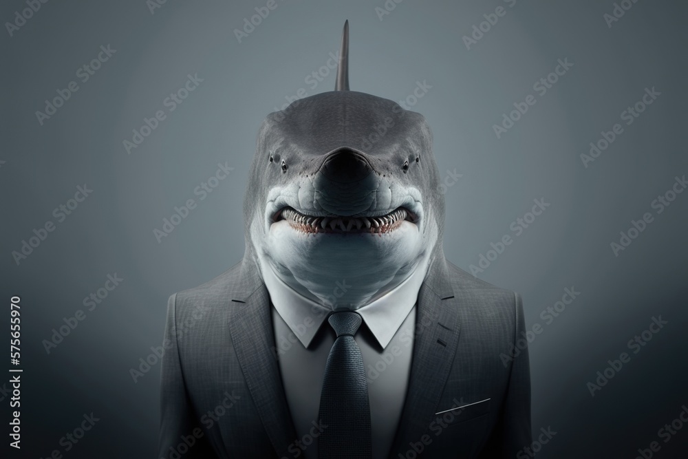 Shark in business suit. Photorealistic studio shot with grey background ...