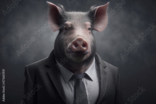 Pig in business suit. Photorealistic studio shot with grey background. Funny Wallpaper. Generative AI.