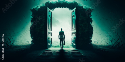 Businessman walking to open big gate to a new better green world