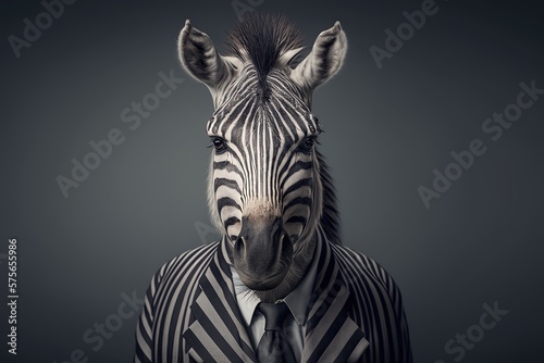 Zebra in business suit. Photorealistic studio shot with grey background. Funny Wallpaper. Generative AI.