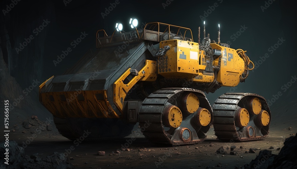 Mining vehicle that is designed to operate autonomously in complex underground environments, using advanced robotics and automation to perform a wide range of tasks and functions.. by ai generative Mining vehicle that is designed to operate autonomously in complex underground environments, using advanced robotics and automation to perform a wide range of tasks and functions.. by ai generative