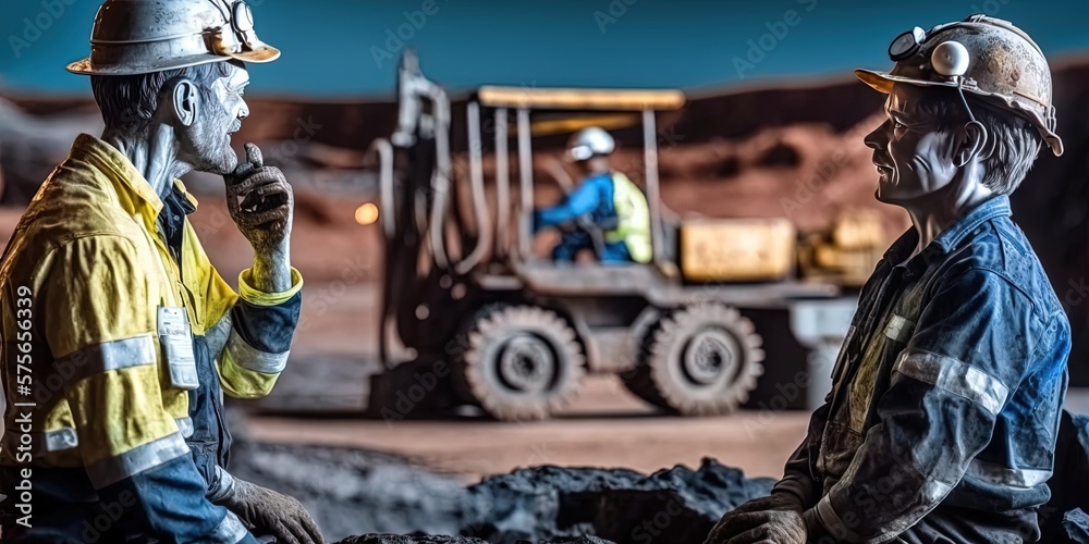 Two miners wearing safety gear conversing under artificial light with heavy machinery in the background.