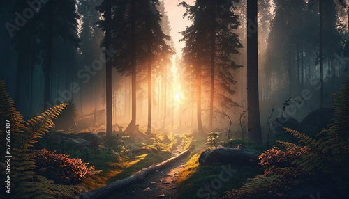 Magical Sunlit Forest .Generative AI © Rudsaphon