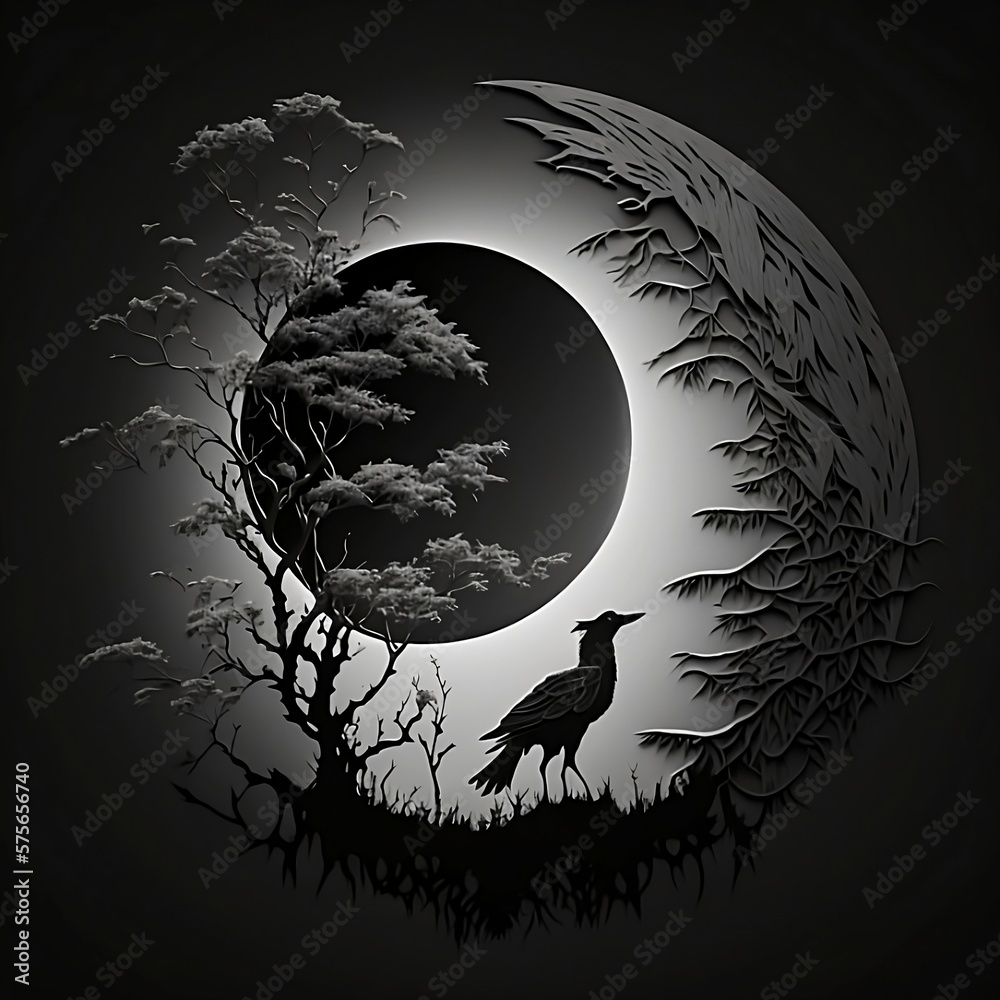 a black and white drawing of the moon during a solar eclipse, a picture