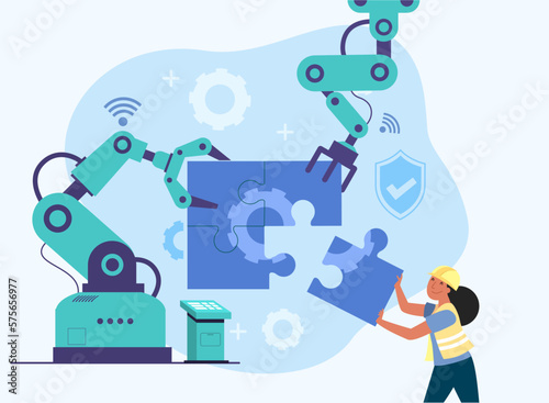 Human and robot arm helping to connect puzzle work