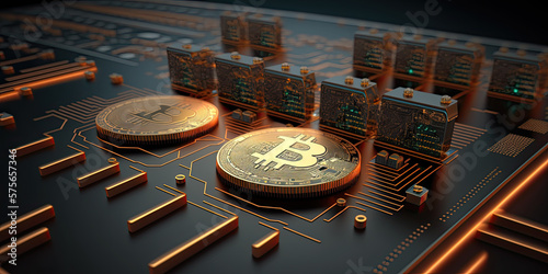 Golden bitcoins standing on circuit board cryptocurrencies - Generative AI