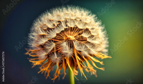 A dandelion gone to seed  its fluffy white head ready to be blown away by the wind