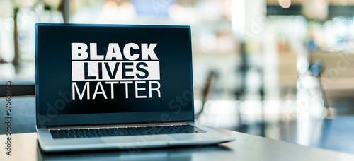 Laptop displaying the sign of Black Lives Matter movement