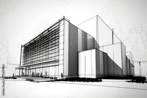 drawing depicting a contemporary structure. Design schematic for a manufacturing facility. Generative AI