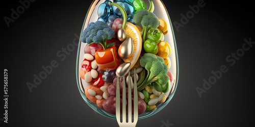 Natural food supplement concept as a pill or medicine capsule with fresh fruit and vegetables inside on a fork - Generative AI