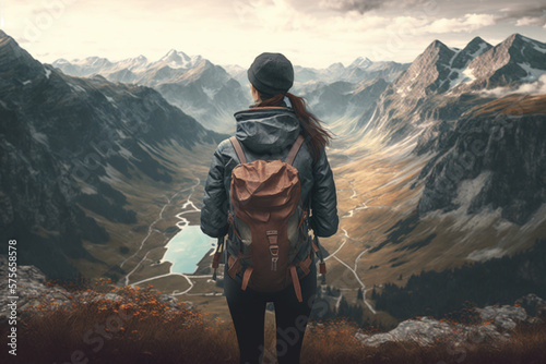 On Top of the World: Illustration of a Woman Hiking. AI generated.