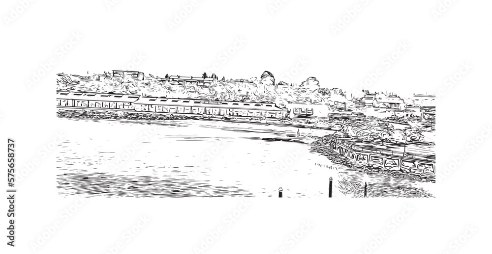 Building view with landmark of Port Angeles is the 
city in Washington State. Hand drawn sketch illustration in vector.