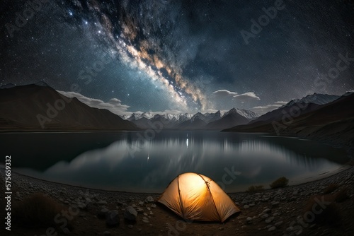 wide angle nighttime astrophotography of the Great Lake in Kashmir, capturing clouds and stars amid pitched tents. Generative AI